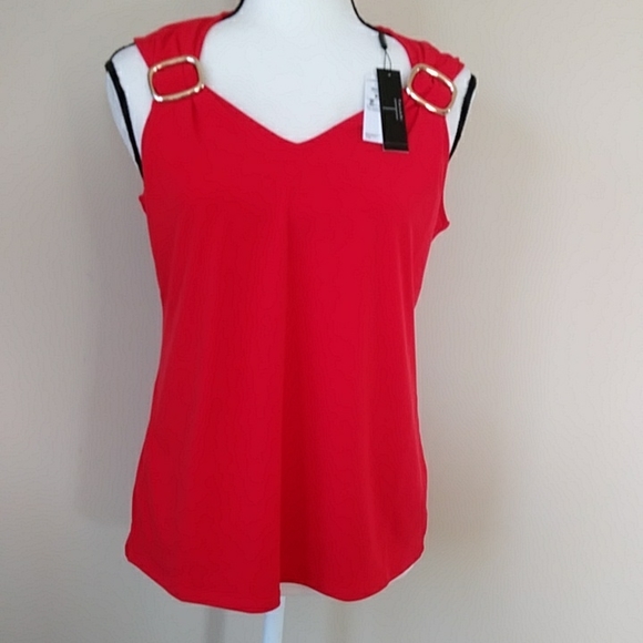 NEW Tahari Buckle Scrunch V Neck Top M Red - Picture 2 of 13